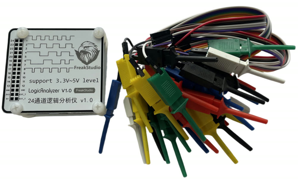 24-channel 100 MHz logic analyzer with a set of coloured test hooks